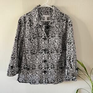 Charter Club Jacket Womens 2X Black White Print Button Front Cuffed Sleeves